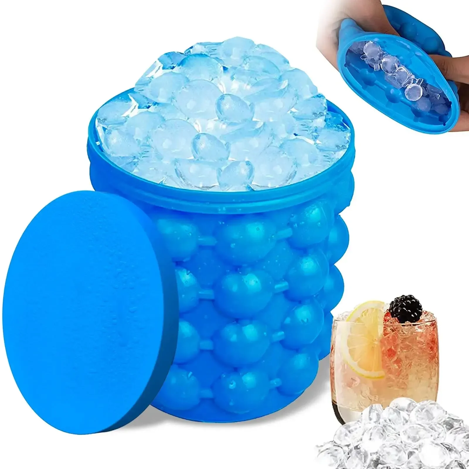 Ice Cube Mold Ice Tray Large Silicone Ice Bucket (2-In-1) Ice Cube Maker Circular Portable (Dark Blue) Suitable For Summer