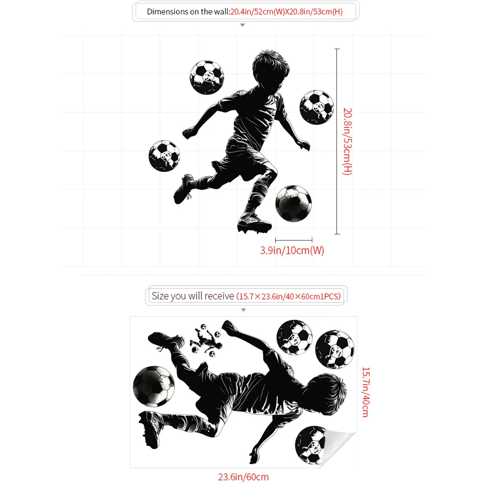 Black and White Soccer Player Decal Sticker for Water Bottles Laptops Cars PVC 52cm Silhouette Die Cut Waterproof