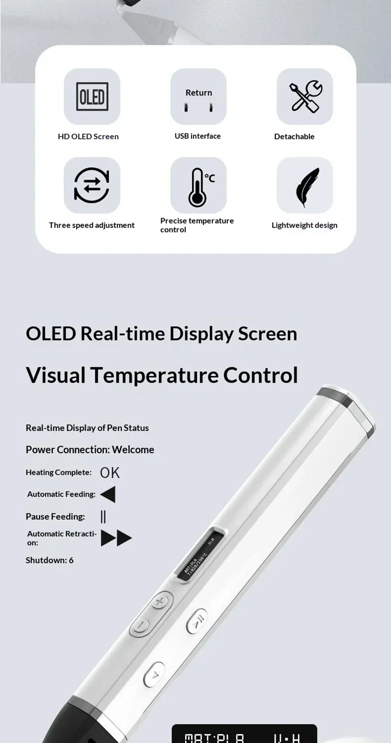 Professioneller 3D-Druckstift für Wettbewerbe mit OLED-Display, 3D-Druckstifte mit PLA-Filament, 3D-Doodling mit abnehmbarem Design – Detail 3