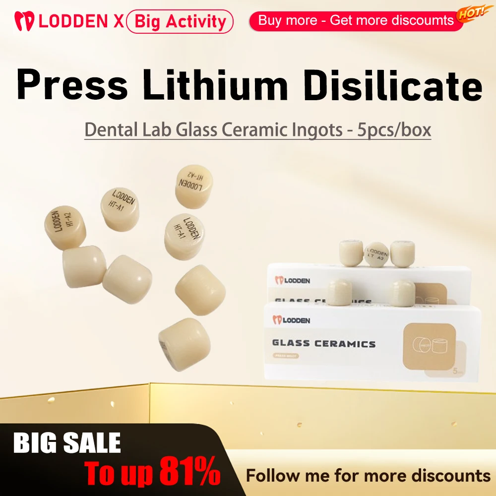 LODDEN 5PCS Press Lithium Disilicate Glass Ceramic Ingots Dental Lab Materials Block Inlay Materials For Ultra-thin Veneer HT/LT