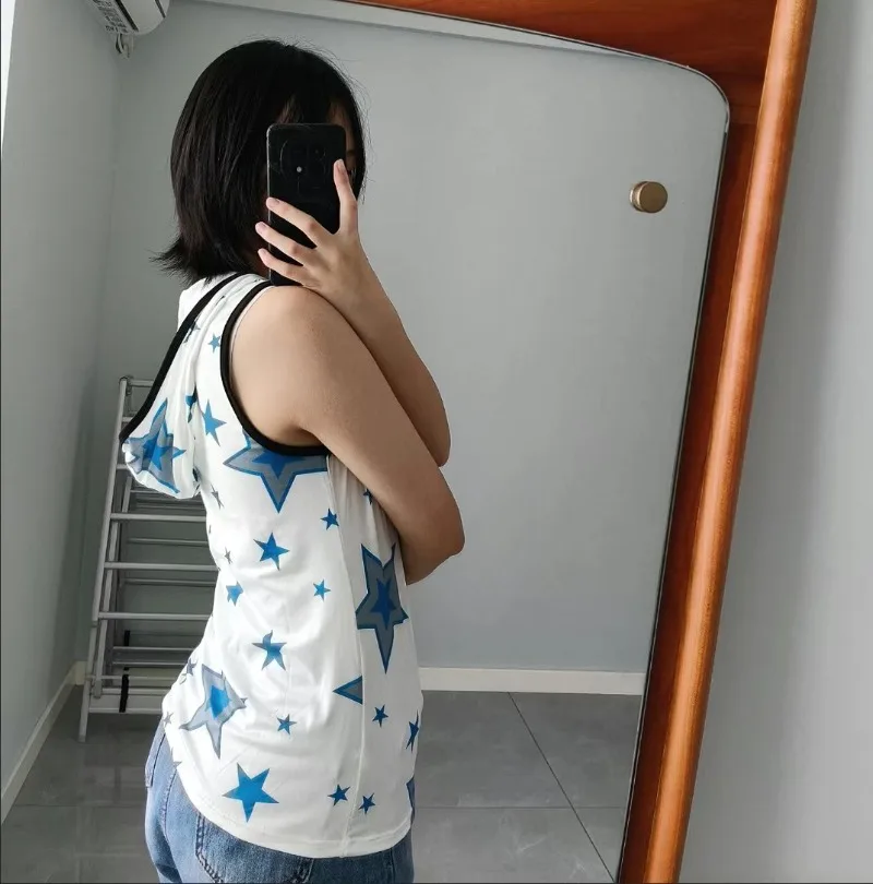 

Subcultural Retro Star Print Hooded Sleeveless Vest Hotsweet Girls Tops Age Reducing Slim Y2k Top Vintage Women Clothes Summer