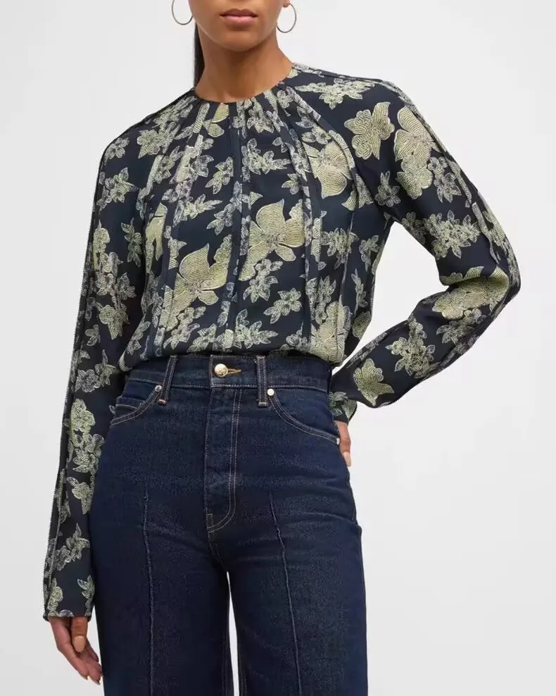 

100% Viscose Women Retro Flower Print Blouse Round Neck Long Sleeve Casual Female Shirt