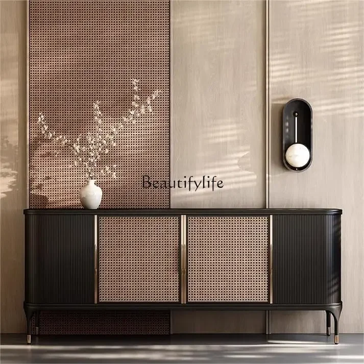 

5ld14 New Chinese-style entrance cabinet Solid wood retro rattan dining side cabinet Living room