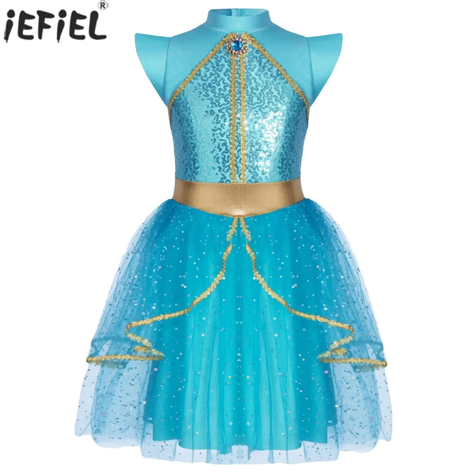 

Kids Girl Arabian Princess Jasmines Costume Halloween Carnival Party Cosplay Dress Up Golden Woven Shiny Sequin Tulle Mesh Dress