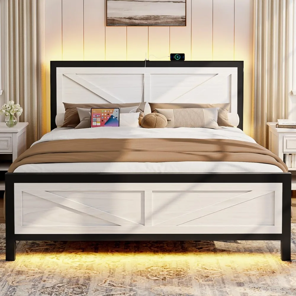 

Rustic Bed Frame King Size with Barn Door Headboard, LED Bed Frame with Charging Station, Industrial Platform Metal Bed Frames,