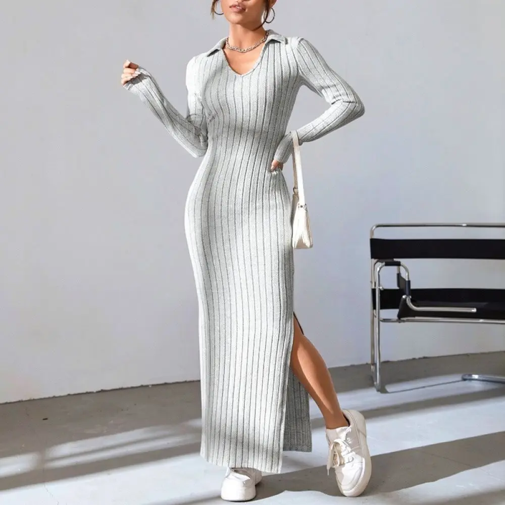 Autumn Women Slim Fit Bodycon Dress Lapel Collar Long Sleeve Knitted Striped Elegant Casual Party Office Workwear