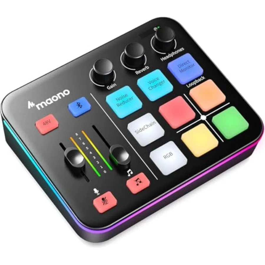 

Gaming Audio Mixer Audio Interface with Pro-preamp RGB Bluetooth 48V Phantom Power for Live Streaming Podcasting Content Create