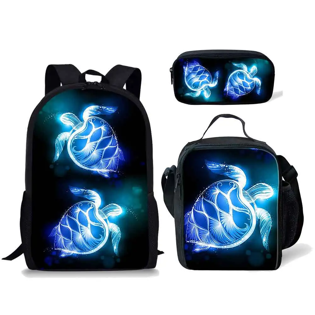 Bling Neon Sea Turtle Set Ransel kotak makan siang unik kotak pensil untuk anak laki-laki perempuan 3 potong ransel remaja tas sekolah