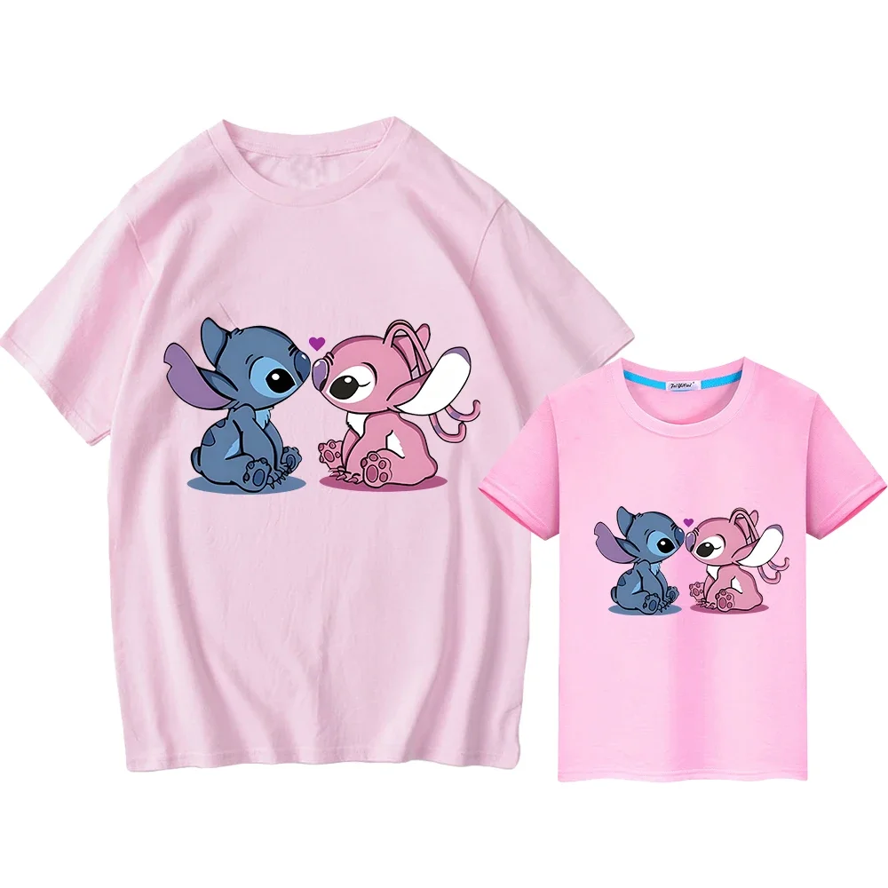 Stitch Disney mom and daughter matching clothes Men women Kawaii Short Print 100%Cotton t shirt for kids boy girl anime Tops y2k