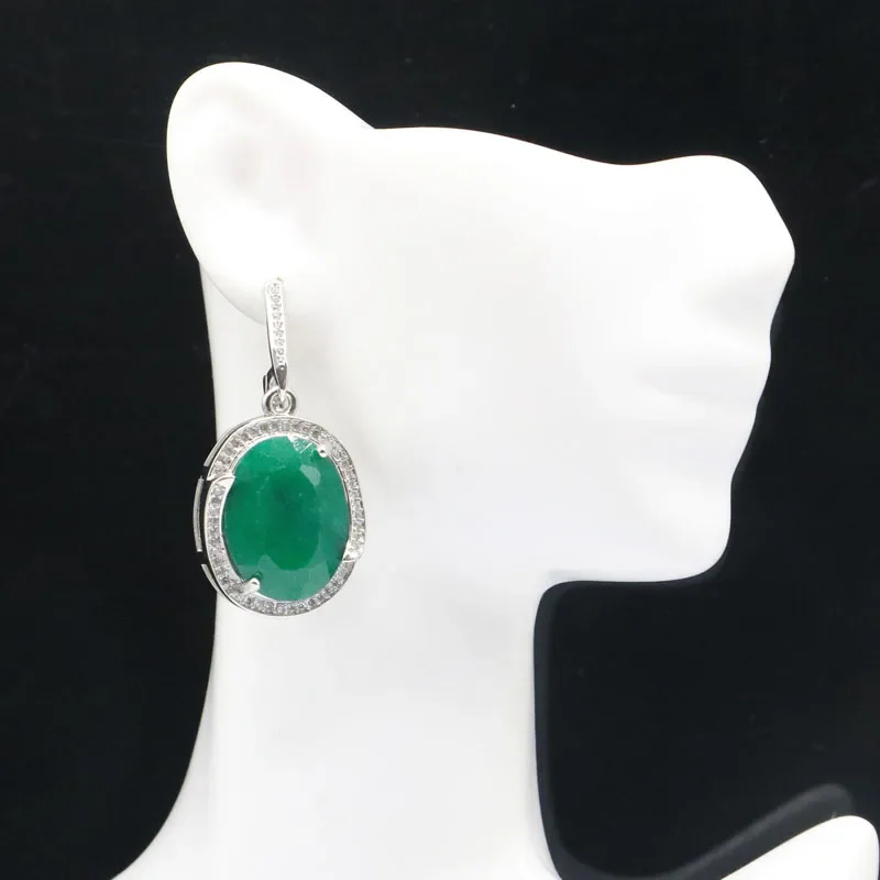 

40x20mm European Design Big Gemstone Real Green Emerald CZ Women Engagement Silver Earrings Pendant