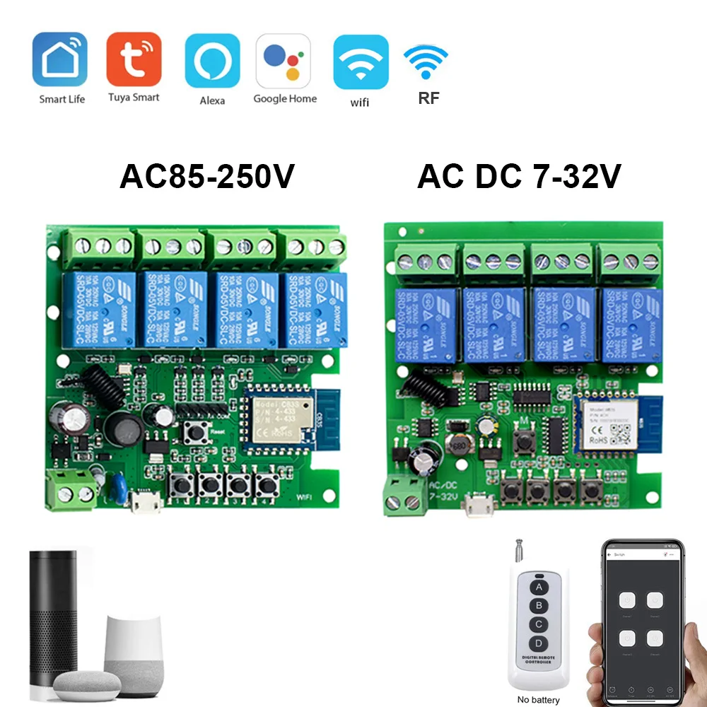 

4-канальный умный пульт дистанционного управления, автоматизация умного дома, 10 А, 12 В, 24 В, 220 В, релейный модуль сухого контакта, 4-канальный таймер, работа с Alexa Google Home