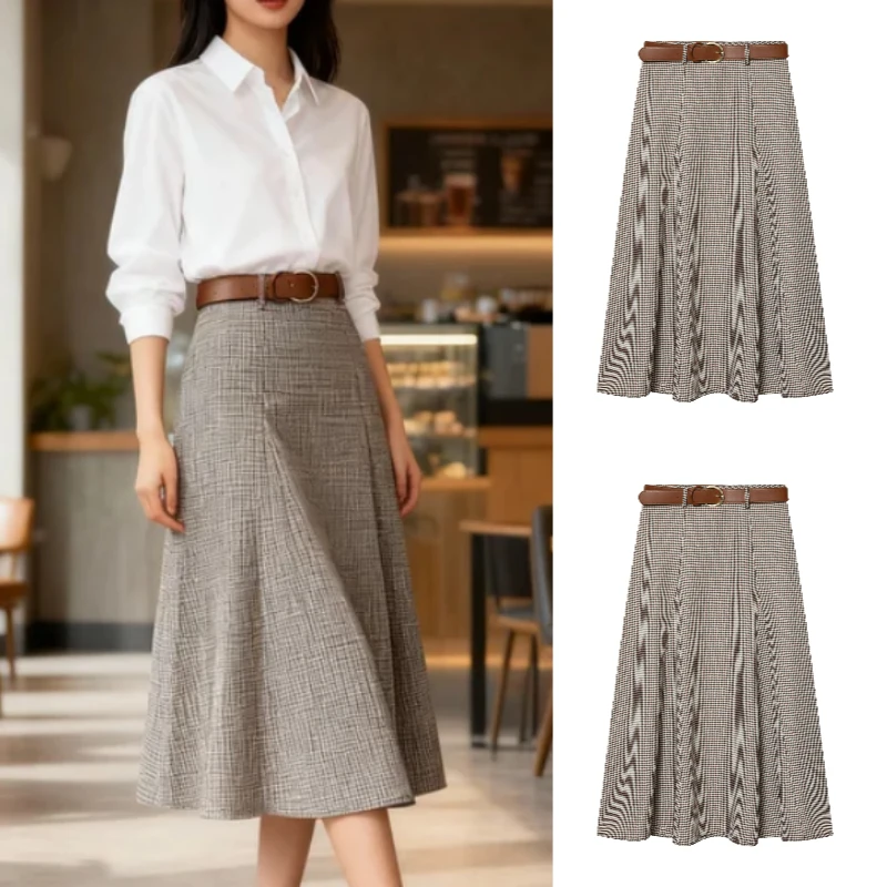 2025 Fall/Winter New Fashionable Elegant High-end Houndstooth Belted Cape Midi Dress