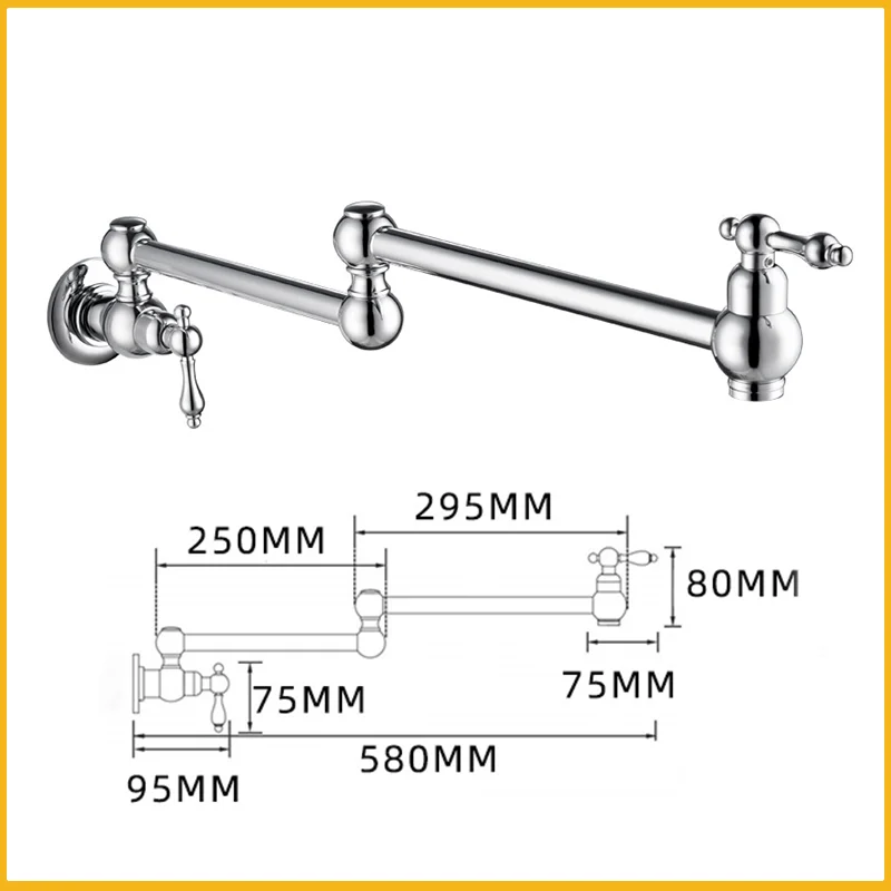 Wall Mount Brass Kitchen Faucet Single Cold Sink with Double Joint Stretchable Swing Arm Rotatable Spout Folding Washing Tap
