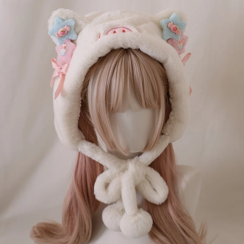 Pequeño cerdo suave lindo dulce lindo otoño e invierno hecho a mano Baotou sombrero versátil Lolita felpa olla sombrero