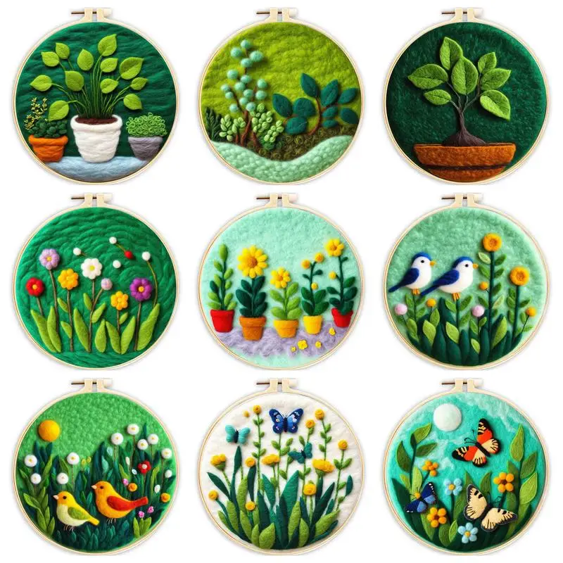 1 Pack Green Plant Pattern Diy Wool Felt Painting Include Hoop Needles Cloth And Instruction Needle Felt Beginner Kit Home Decor