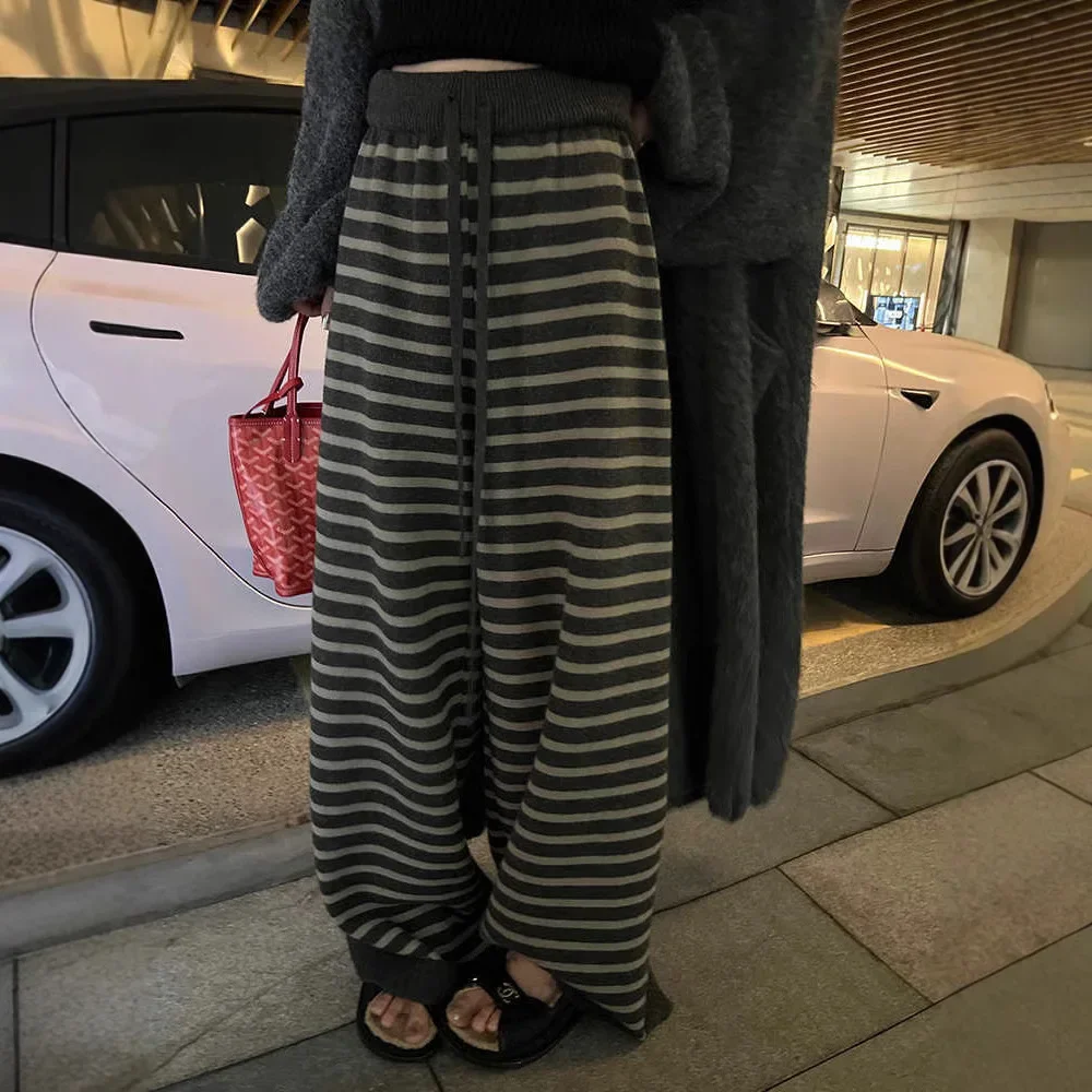 

Women Wool Knitted Casual Stripe Loose Wide Leg Pants Autumn Spring Comfortable Warm Black White Pattern Y2k Pants Streetwear