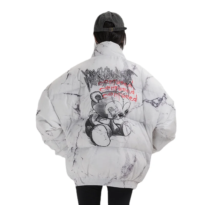 Tide Brand Winter Hip-hop Thickened Parka Harajuku Style Cartoon Bear Print Cotton Clothing Street Style Winter Casual Jacket