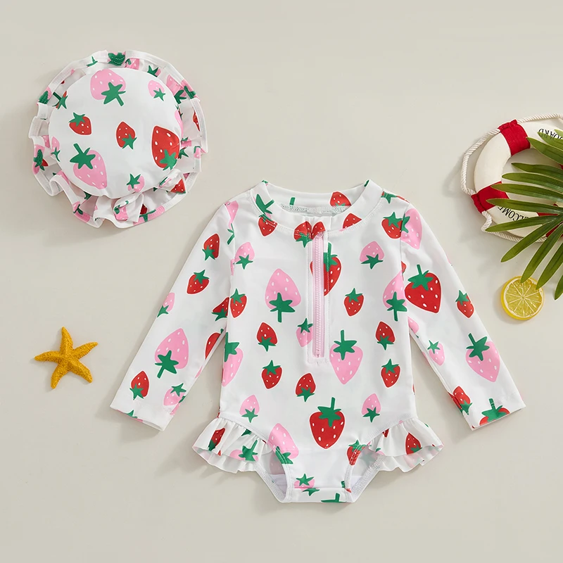 

Baby Girls Swimsuit Strawberry Print Long Sleeve Bikini with Hat Newborn Swimwear for Summer Bathing