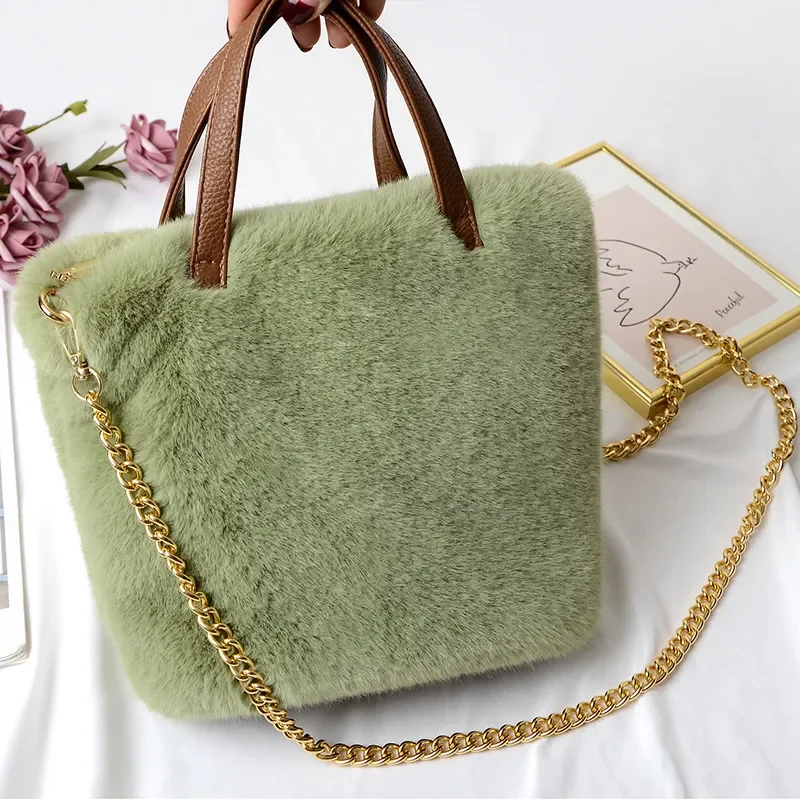 Bolso de mano para mujer, bandolera con cadena de Color sólido, Material de felpa de imitación de visón informal a la moda, calidad superior, nuevo