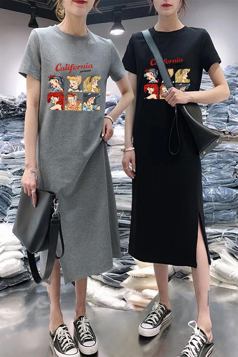 Été nouveau femmes décontracté ample Midi genou longueur ort-sav Dr confortable tricoté tissu rond Ne imprimé t-shirt Dr