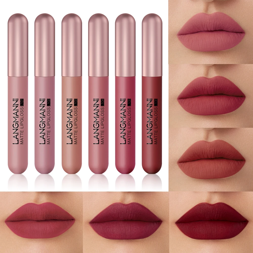 Langmani 6-pack/set matte lip gloss velvet lipstick, long-lasting and non stick to cup liquid lipstick