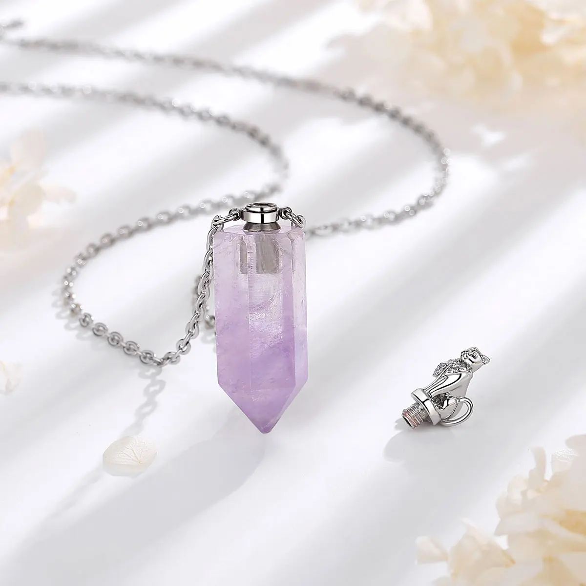 AEONSLOVE Natural Crystal Stone Perfume Bottle Necklace Amethysts Essential Oil Diffuser Urn Pendant Memorial Jewelry for Women