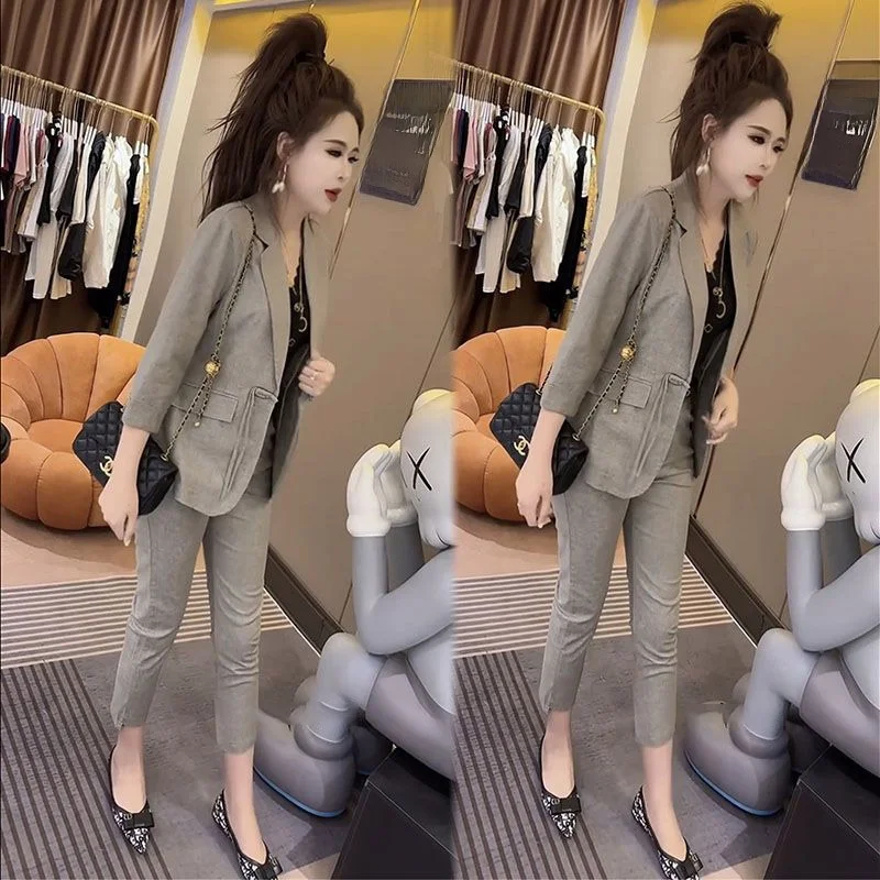 Retro Casual Faion Set Damski Wiosenno-Letni Nowy Elegancki Komplet Mała Marynarka i Spodnie z Wąskimi Nogawkami Dwuczęściowy Zestaw