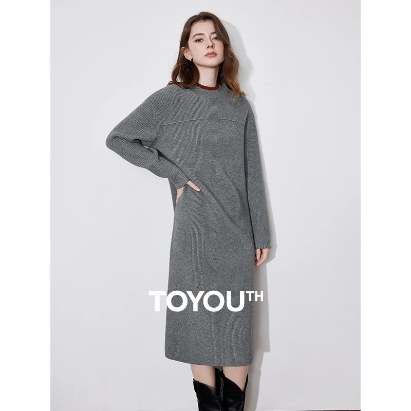 TOYOUTH Falda de mujer 2024 Otoño e Invierno estilo elegante Color contrastante vestido de punto recto de lana gris