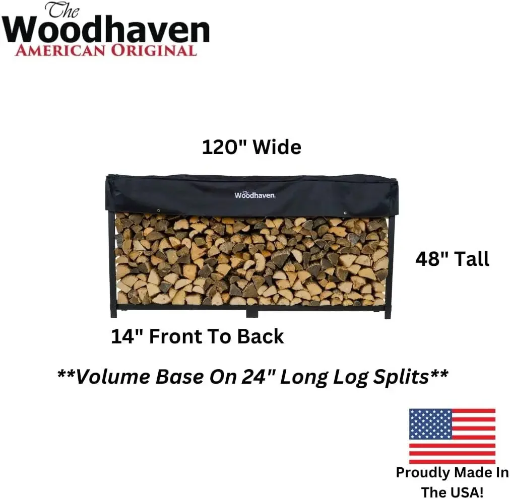 10 Foot Black Firewood Log Rack With Optional Seasoning Cover - Made In The USA - Lifetime Structural Warranty - Steel Outdoor