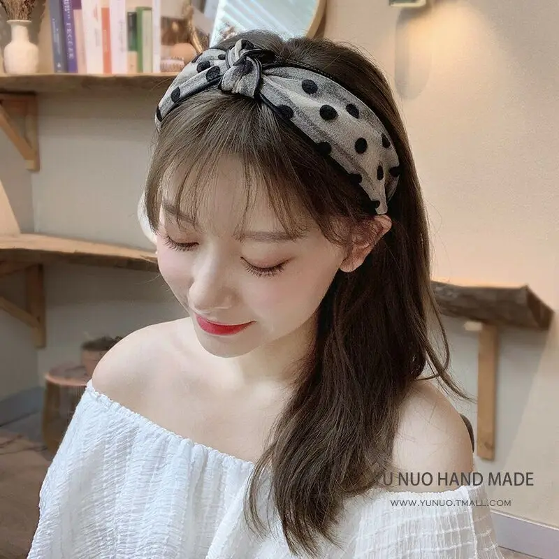 Hot sales New fashion retro printed wave headband women\'s lace mesh bow wide-brimmed hairband hairpin hair accessories gift