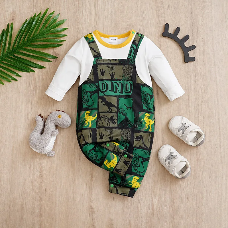 Spring And Autumn Boys And Girls Handsome Backstraps Cool Dinosaur Printed Cotton Comfortable Long Sleeve Baby Bodysuit