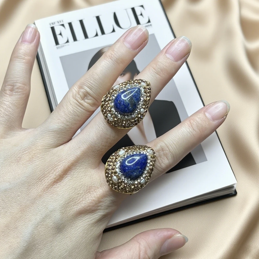 خاتم اللازورد على شكل قطرة ماء طبيعية مصنوع يدويًا مع ترصيع كريستالي فريد من لؤلؤ المياه العذبة وحجر الراين - مجوهرات ذات طراز بسيط