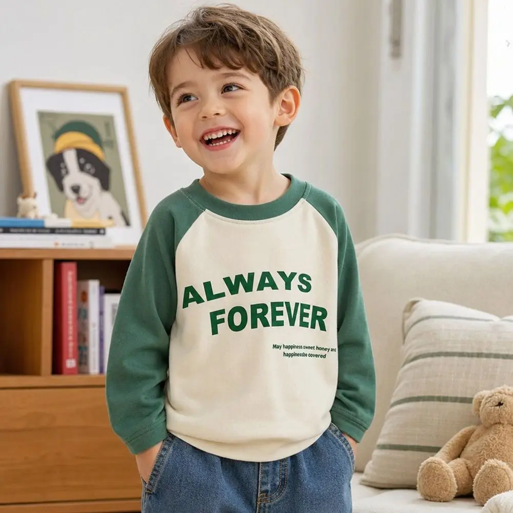Fashion Cotton T-shirt Crew Neck Printed Children Pullover Top Long Sleeve Long Sleeve Top School Wear