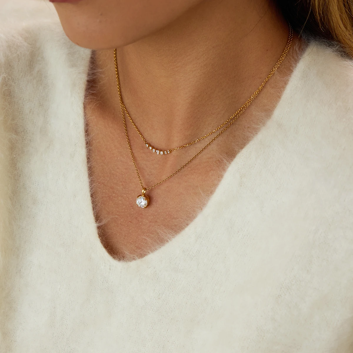 Zora Classical White Zircon Smiling Chain Necklace For Women 18K Gold Plated Stainless Steel Non fading Necklace Simple Jewelry