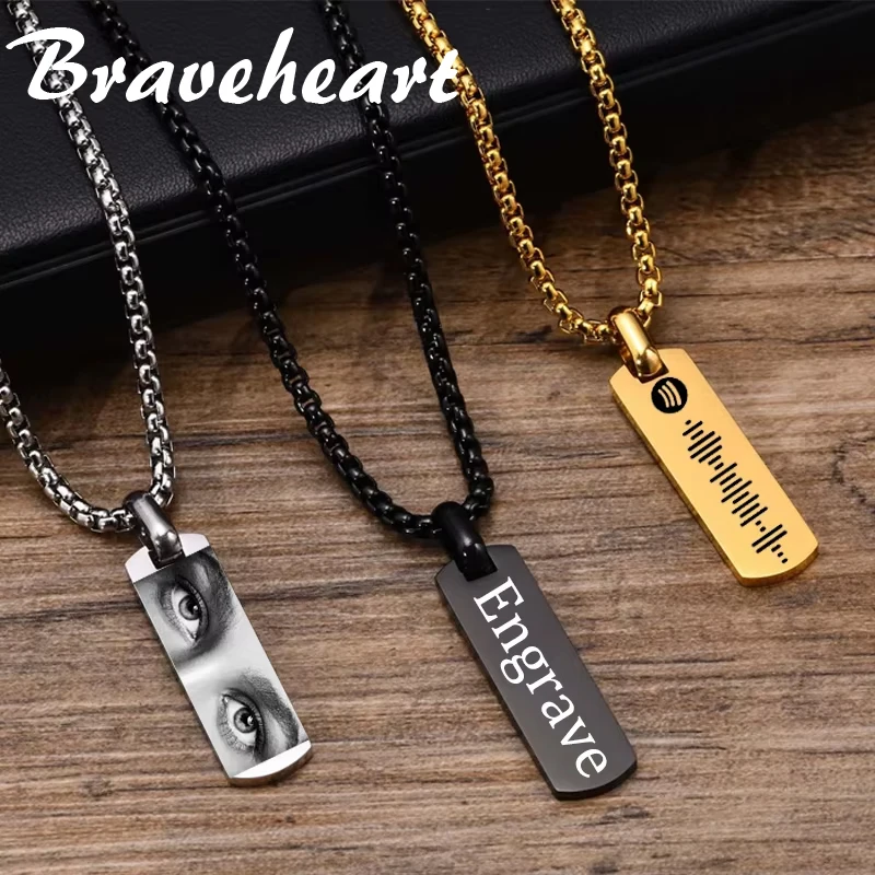 

Personalized Stainless Steel Engraved Square Bar Necklace Custom Name Date Eyes Photo Laser Carve Pendant For Men Jewelry Gifts