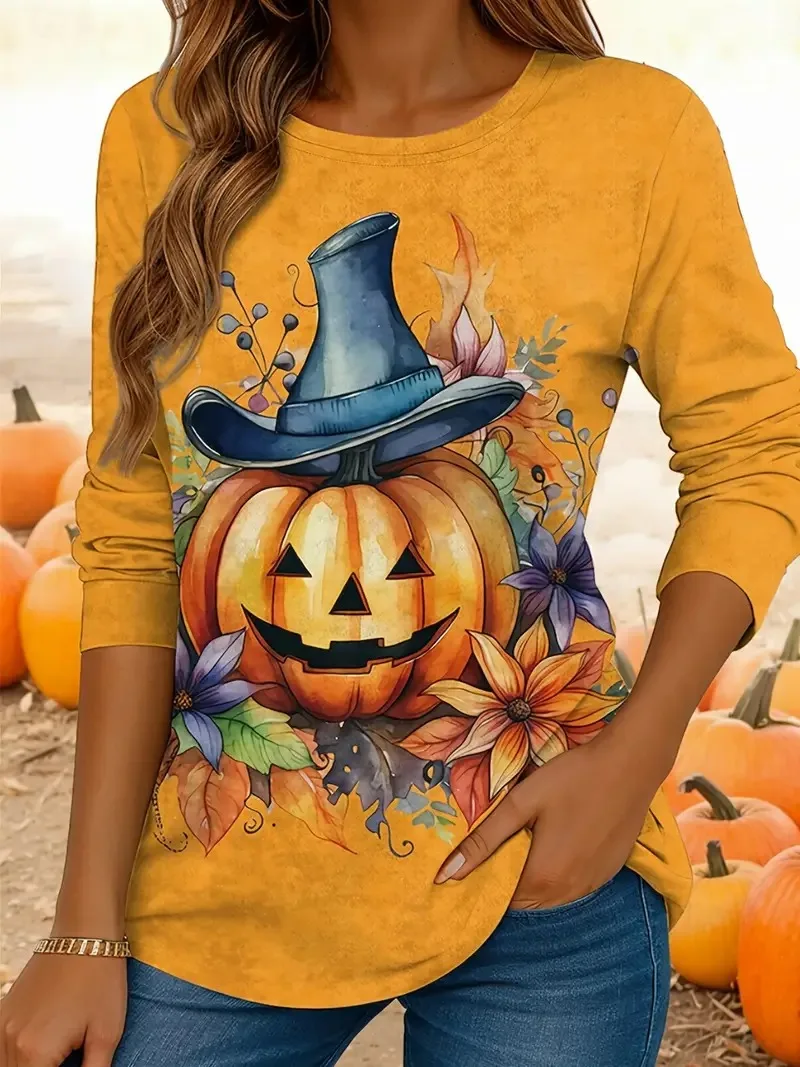 

Halloween Women's T Shirt Pumpkin Graphic Vintage Stylish Classic Yellow Orange Printed long Sleeve Crew Neck Regular Daily Tops