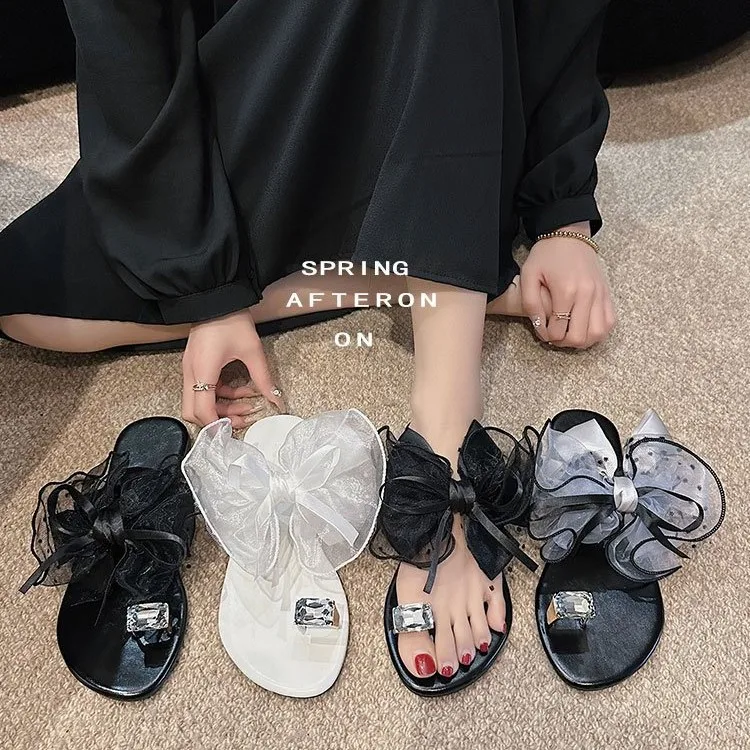 2026 new Mesh Bowknot Flat Heel Sandals Women Rhinestone Decor Clip Toe Beach Slippers Woman Plus Size  Backless Sandals Female
