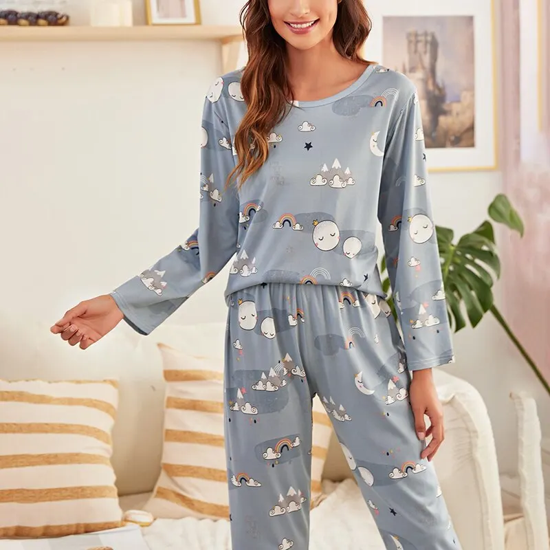 Women Pajama Set Long Sleeve Shirt And Trousers Sleepwear With Eye Mask Soft Loungewear Autumn Nightwear Cartoon Print Pyjamas