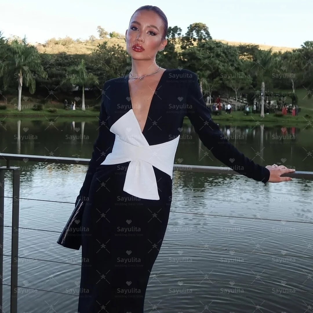 فساتين سهرة Sayulita سوداء للحفلات الراقصة مثيرة بياقة على شكل V وأكمام طويلة فستان أنيق للحفلات بسحاب خلفي للمناسبات الخاصة حسب الطلب