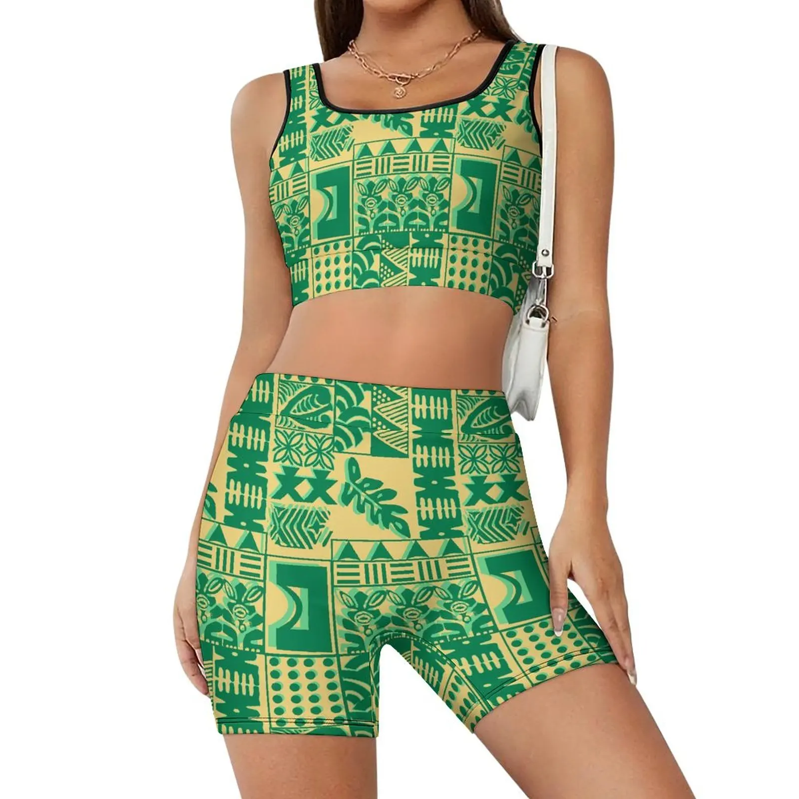 Women'S Summer Breathable Sports Set Polynesian Vintage Print Custom Women'S Yoga Set With Sleeveless Vest High-Waisted Shorts