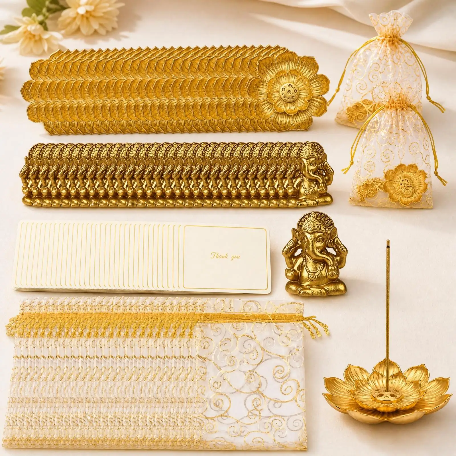 Decorative Pooja Ceremony Pack Gold Tone Incense Burner Holder New Beginnings Statue Pouch Card Set Gift for Host