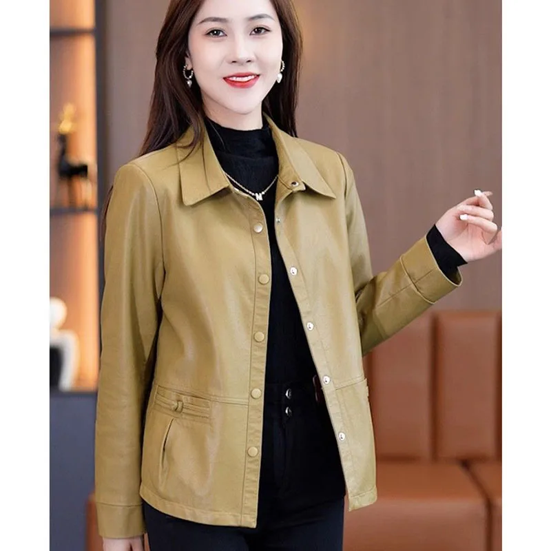 2024 Women Short Leather Jacket Coat Spring Autumn Female Fashion Maillard Leather Jacket Tops Korean Lady Loose Leather Jacket