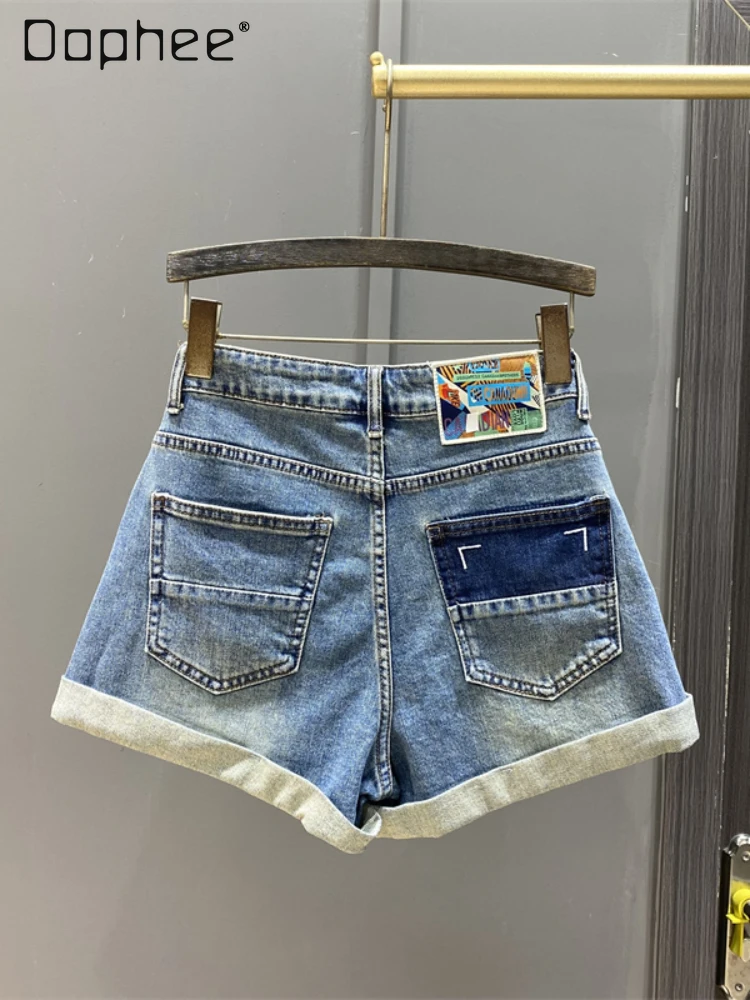 2024 Summer Washed Stitching Color Pocket Zipper Denim Wide Leg Shorts Women High Waist Curl Stretch A- Line Jean Shorts Female