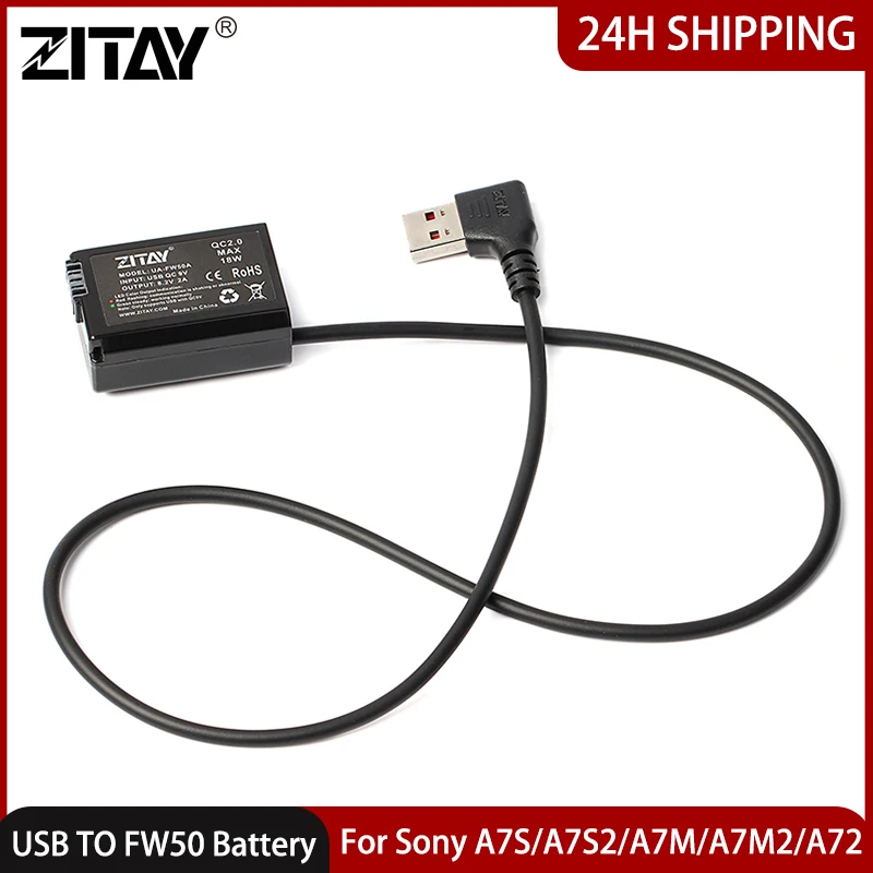 ZITAY USB to FW50 Camera Dummy Battery for Sony A72 A7II A7S A7S2 A7M A7M2 A6000 A6300 A6400 A6500 LED Light Power Adapter