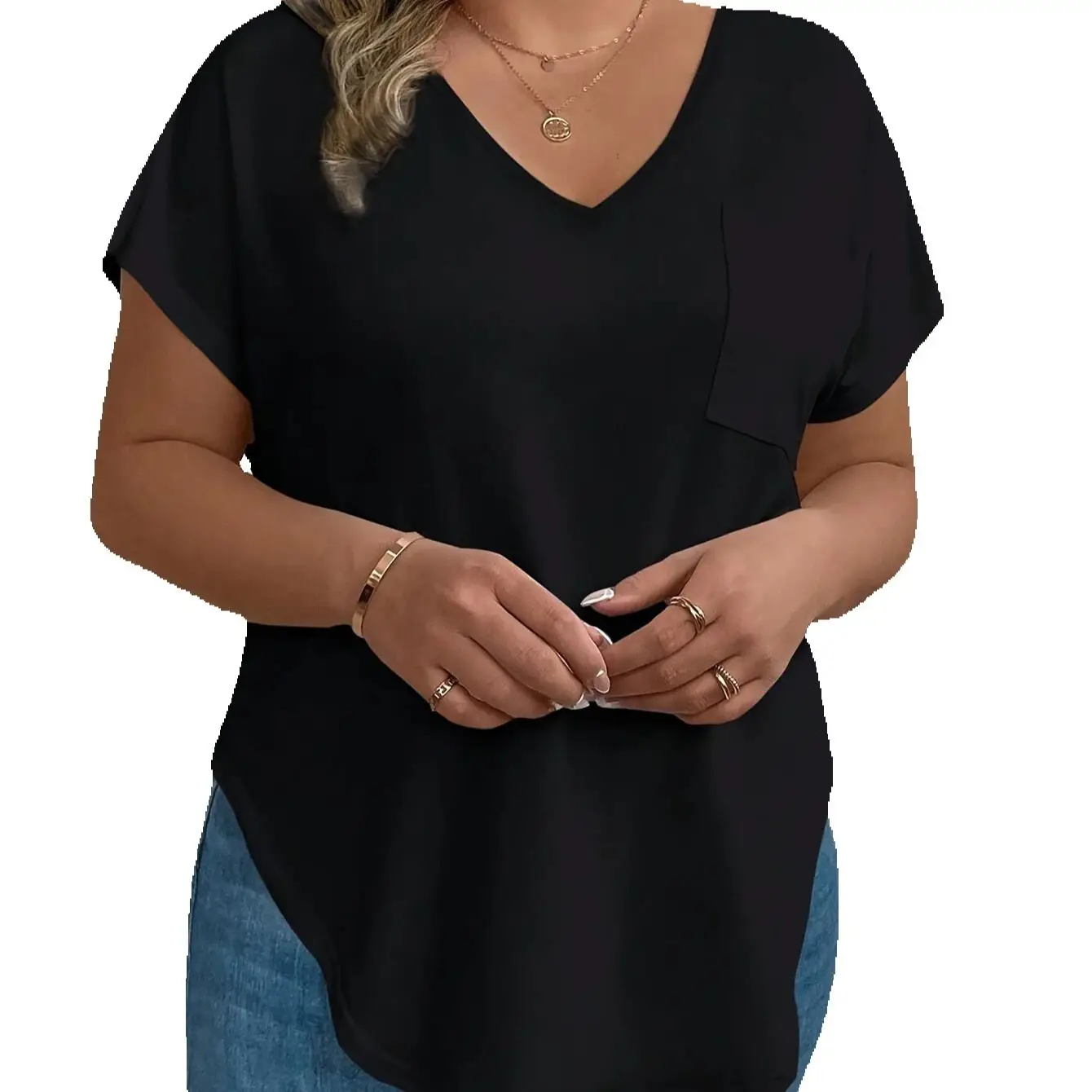 

2025 Plus Size Womens Tops Short Sleeve Pocket Elegant Figure Flap Summer Spring Autumn Clothing Chest Pants Elega