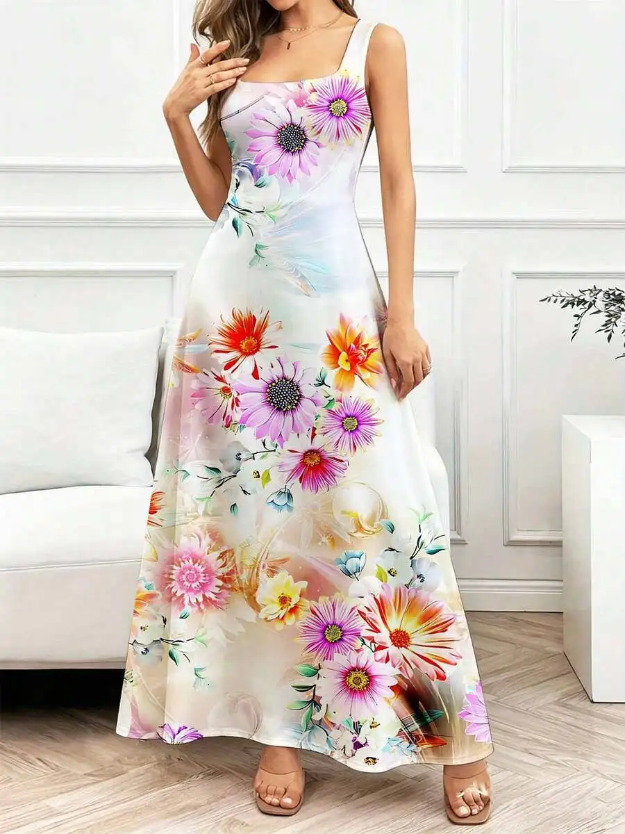 

Floral Print Sleeveless Maxi Dress Square Neck Elegant Summer Dress For Women Casual Beach Vacation