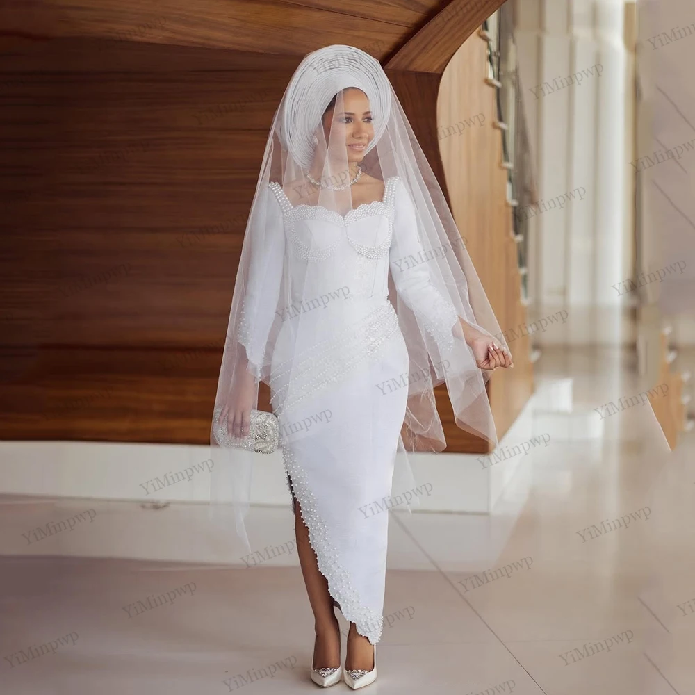 

Beaded Civil Wedding Dresses 3/4 Sleeve Pearls Applique Backless robe de mariée Customized Sheath Split Engagement Dress 2026