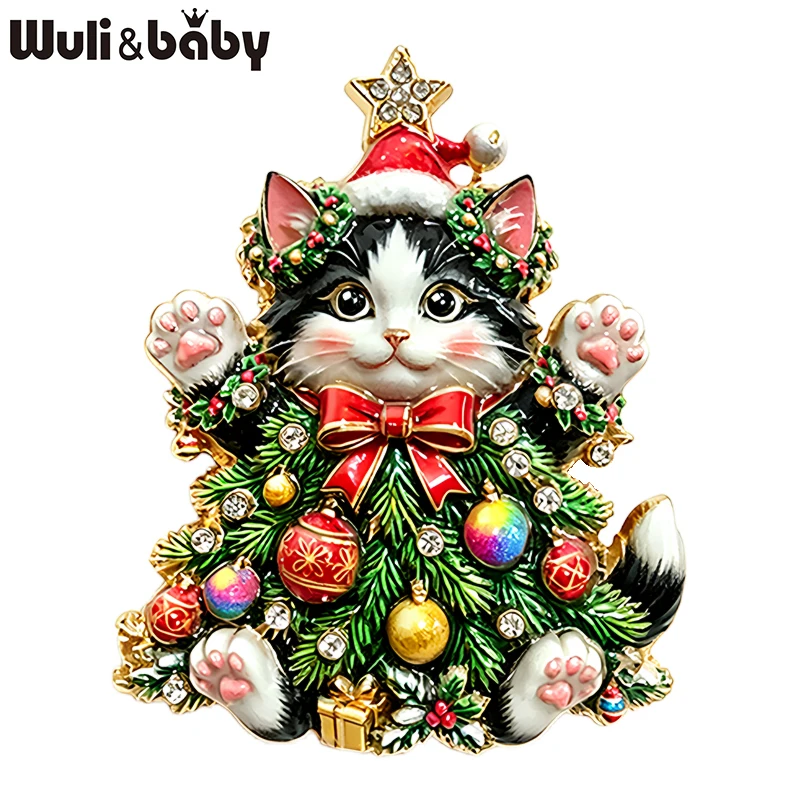 Wuli&baby Weihnachtsbaum-Katzenbroschen für Damen, Unisex, 2-farbige Strass-Broschen mit Happy Kitty-Motiv, für Neujahrspartys, lässige Broschen, Geschenke