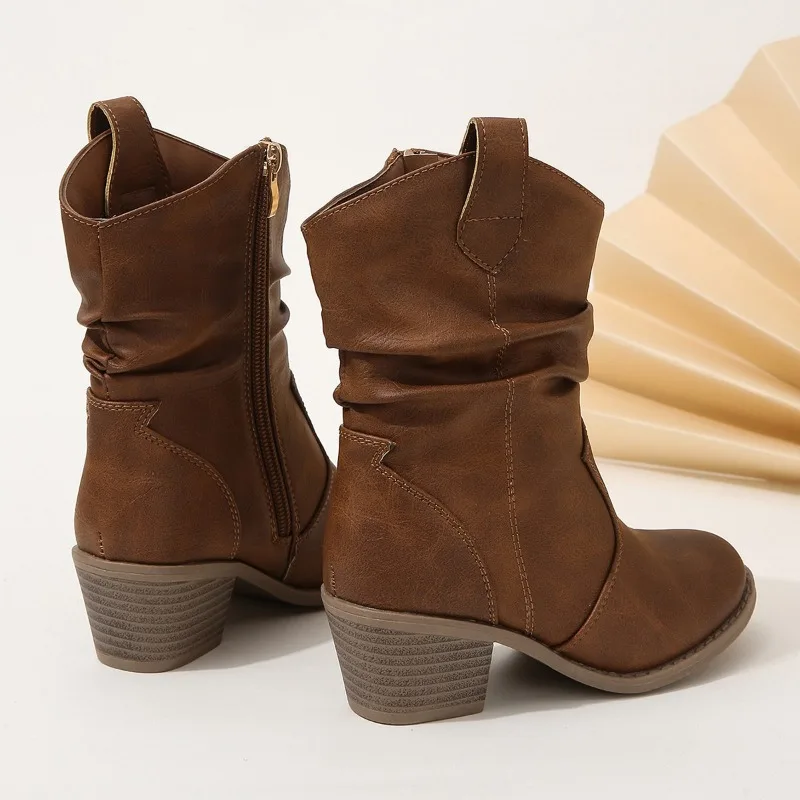 2023 Autumn Spring New Girls Boots Retro Pleated Thick Heel Fashion Kids Versatile Soft Brown Children Casual Boots Elegant Chic