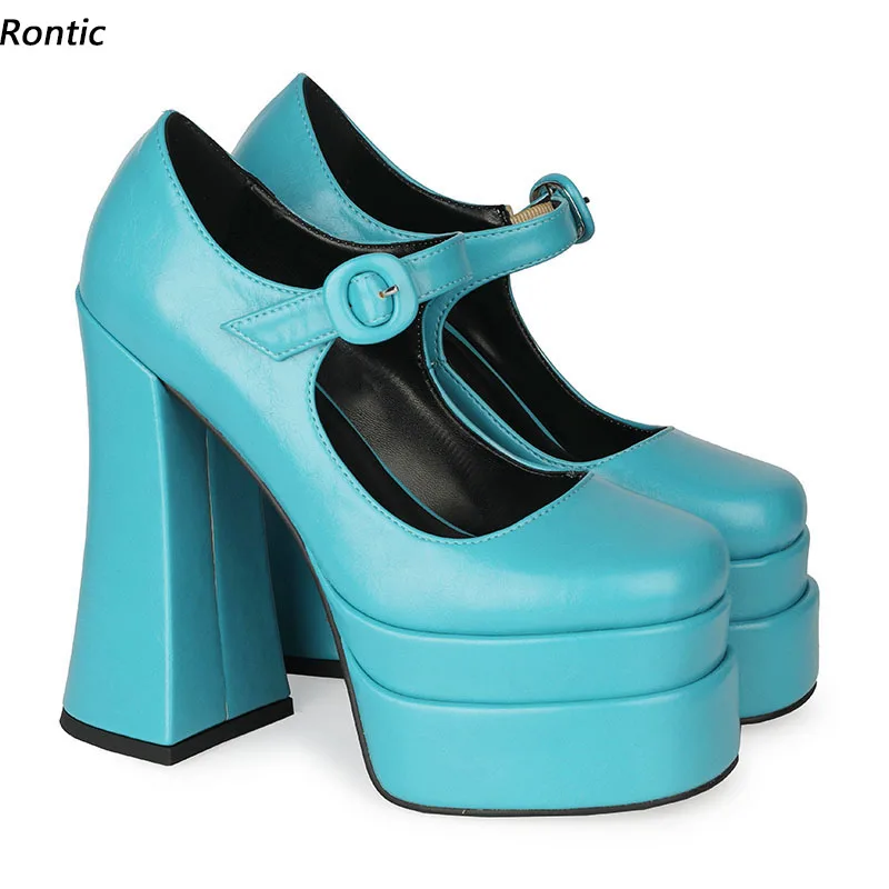 Rontic Handmade Women Marry Janes Pumps Chunky Heels Square Toe Gorgeous Black Blue Green Orange Party Shoes Women Size 34-45 view 2